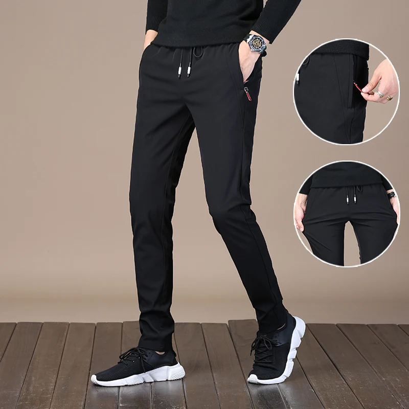 

Spring Casual Men's Elastic Sports Pants Slim Fit Long Trousers Trendy Korean Style Youthful Vitality Pure Color mid Waist
