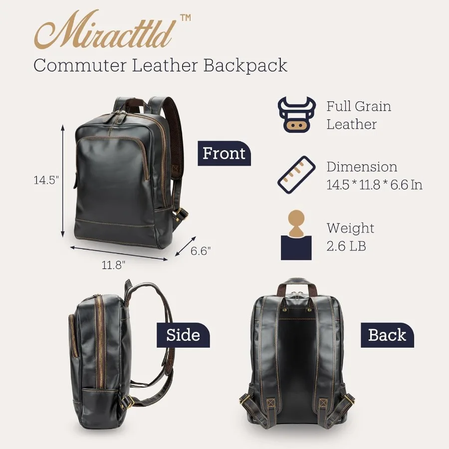 حقيبة ظهر جلدية للرجال مقاس 15.6 بوصة حقيبة ظهر للكمبيوتر المحمول 100% مدغشقر حقيبة ظهر من الجلد المحبب باللون الأسود مقاس متوسط #6