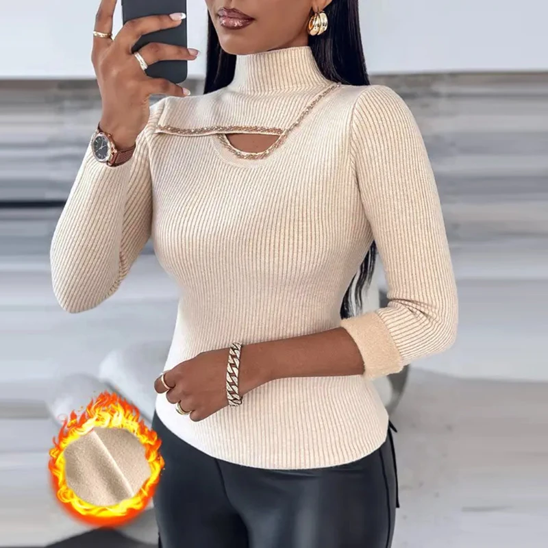 Outono inverno camisola de gola alta feminina manga longa lã quente blusas para mulheres casual oco para fora topos jumper moda pulôver