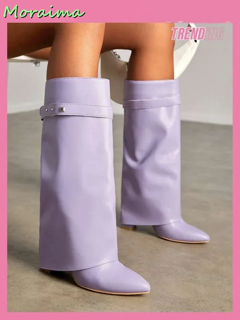 Trending Studded Decor Chunky Heeled Boots Mid Calf Pointed Toe PU Leather Slip On Purple Solid Fashionable Women Shoes Winter
