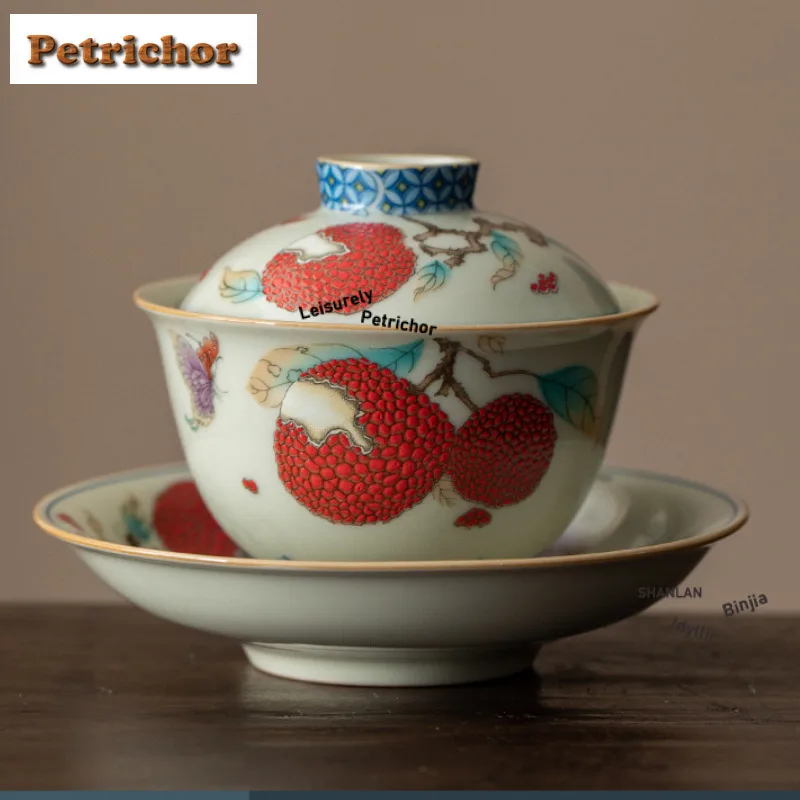 Hand Painted Lychee Gaiwan Retro Tea Tureen Tea Bowl With Lid Kit Tea Maker Cover Bowl Teacups Tea Set Supplies Craft Ornaments