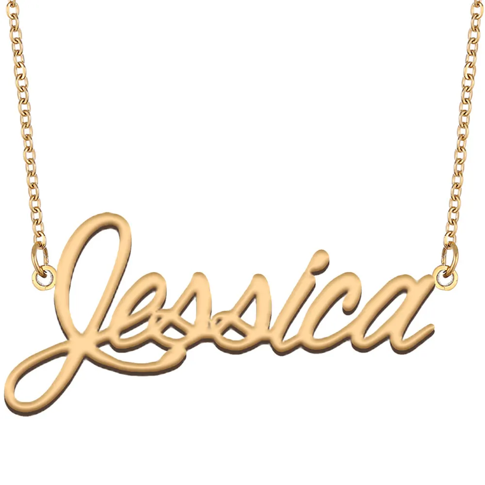 

AOLOSHOW Jessica Gold Nameplate Charm Name Necklace for Women Stainless Steel Pendant Statement Jewelry nl-2444