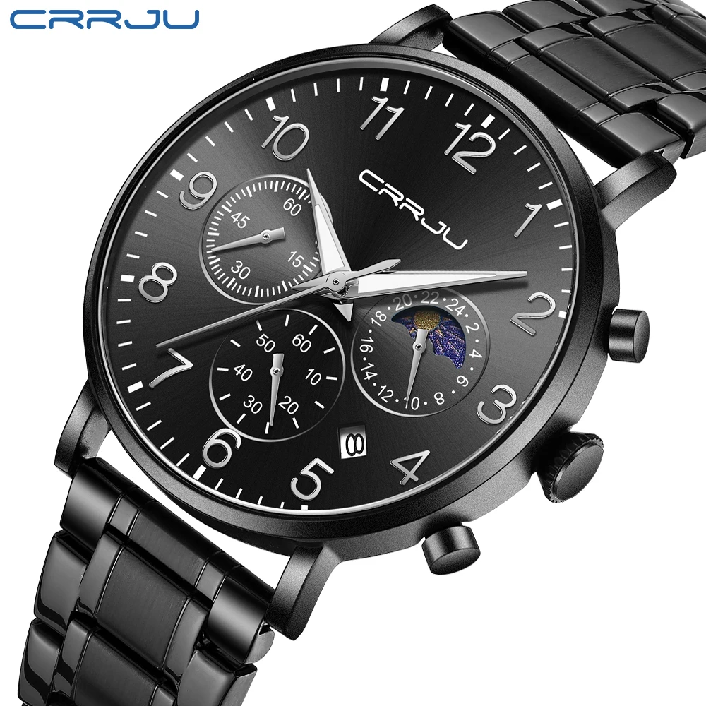 

CRRJU Luxury Mens Sports Casual Watches For Men Fashion Stainless Steel Calendar Quartz WristWatch Man Date Luminous Clock