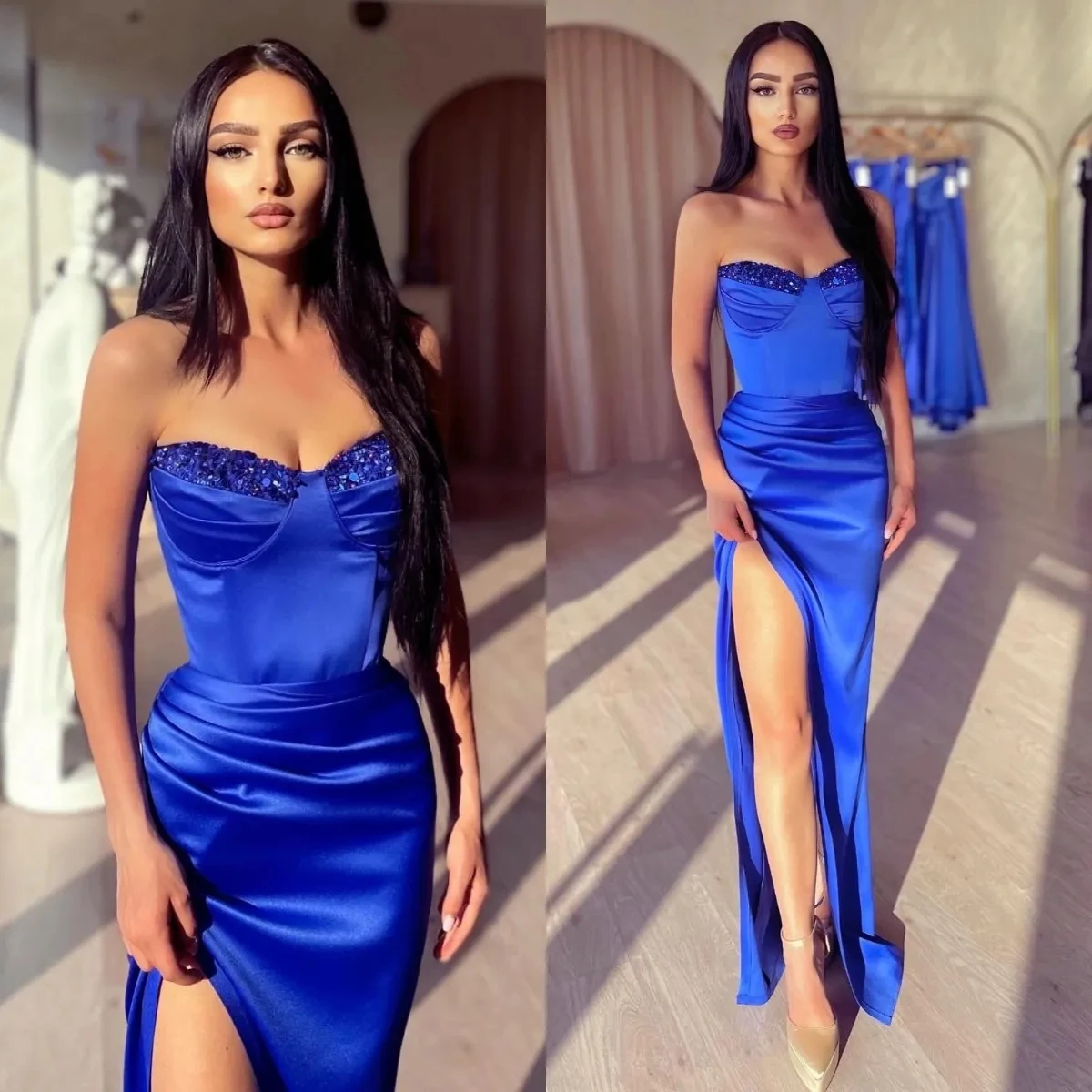 

Vinca Sunny Royal Blue Prom Dresses Sequins Strapless Split Evening Dress Pleats Formal Long Special Occasion Party Dresses