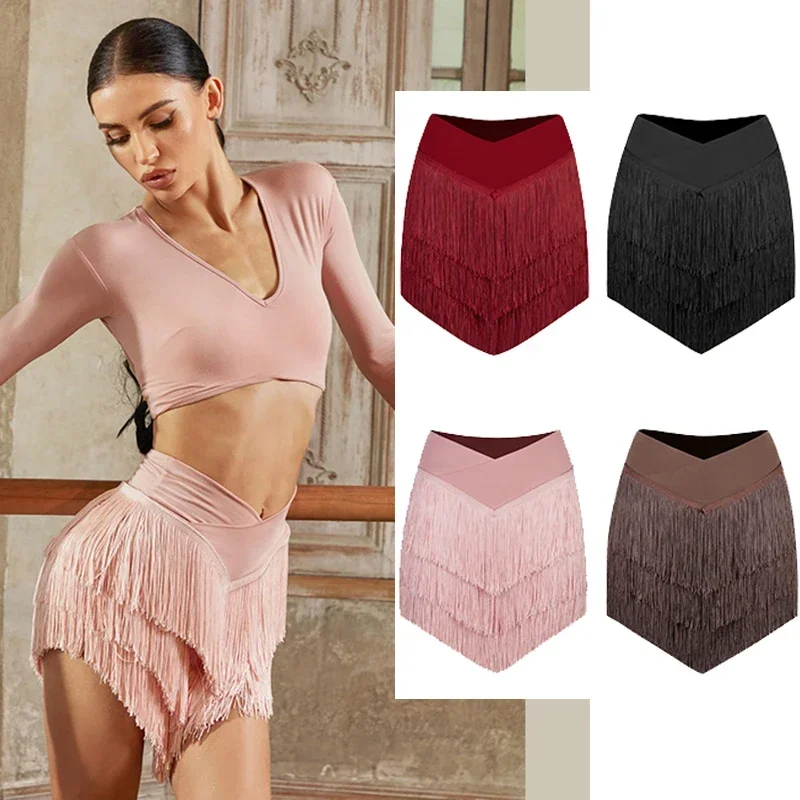 

4 Colors Latin Dance Skirt Women Cha Cha Samba Dance Clothes Professional Fringe Skirt Practice Wear Performance Costume NV21081