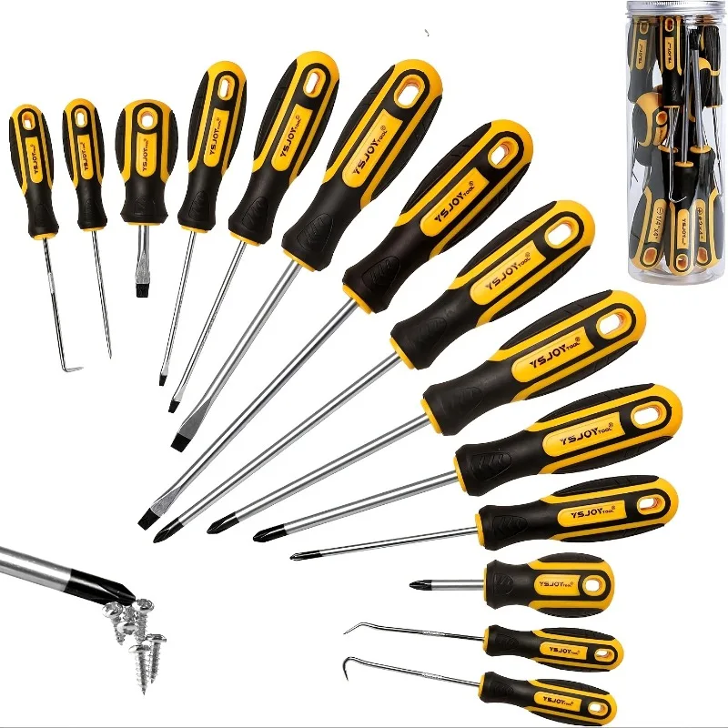 14Pcs/set Magnetic Screwdriver Set 5 Phillips and 5 Flat Tips with 4 Pick & Hooks - Storage Bucket Household Repair Tools