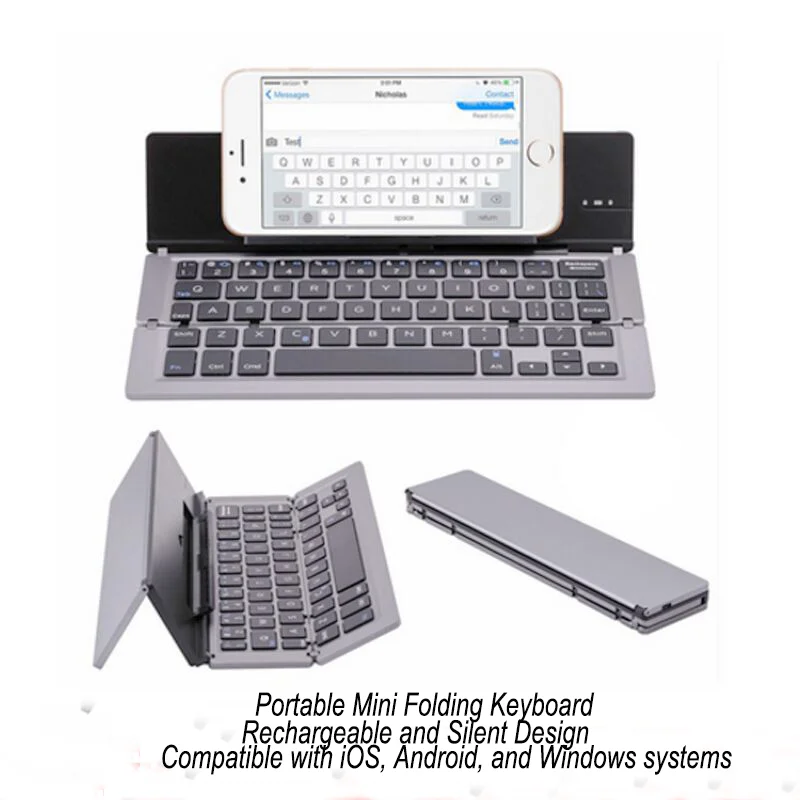 

Мини-складная Bluetooth-клавиатура, перезаряжаемая, бесшумная, со штативом, офисная беспроводная клавиатура из алюминиевого сплава для iOS, Android, Windows