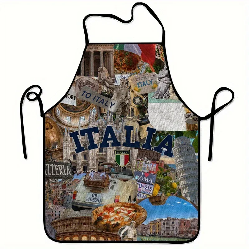 A Unisex Italian-Themed Apron - Durable Polyester Chef'S Apron Featuring Vibrant Italian Symbols One Size