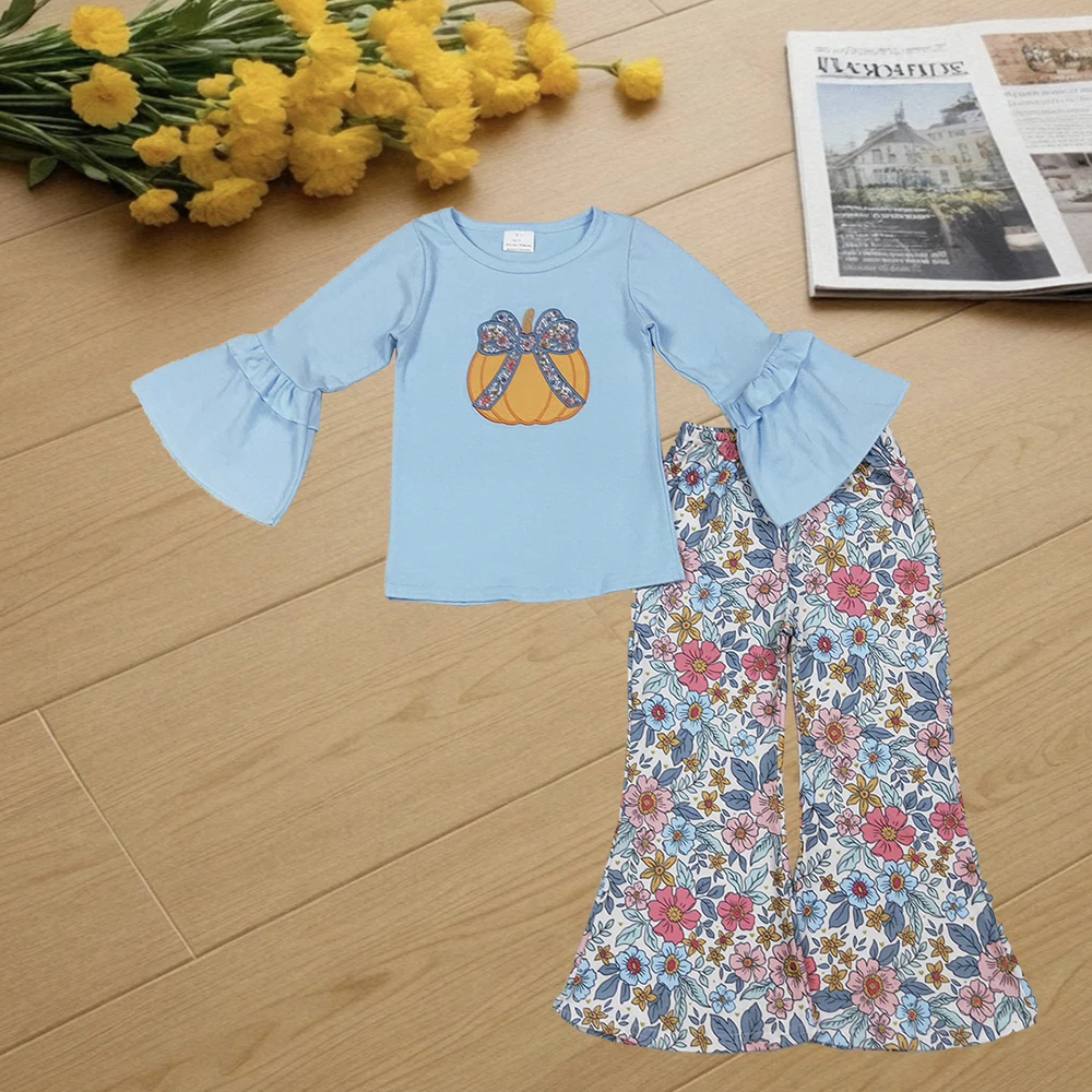

9.29 Kids Winter Clothes For Girls Embroidery Baby Girls Floral Pumpkins Top Bell Bottom Pant Sets