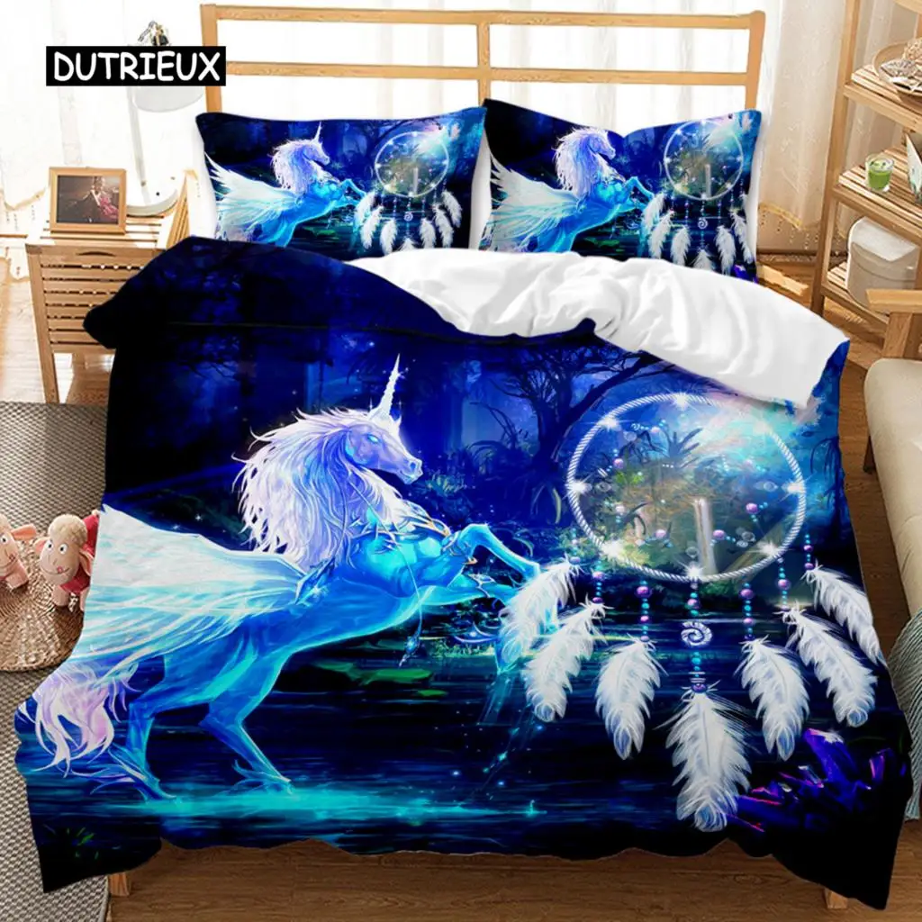 

Dream Catcher Duvet Cover Set White Horse Forest Dream Catcher Blue Bedding Set Double Queen King Size Polyester Qulit Cover