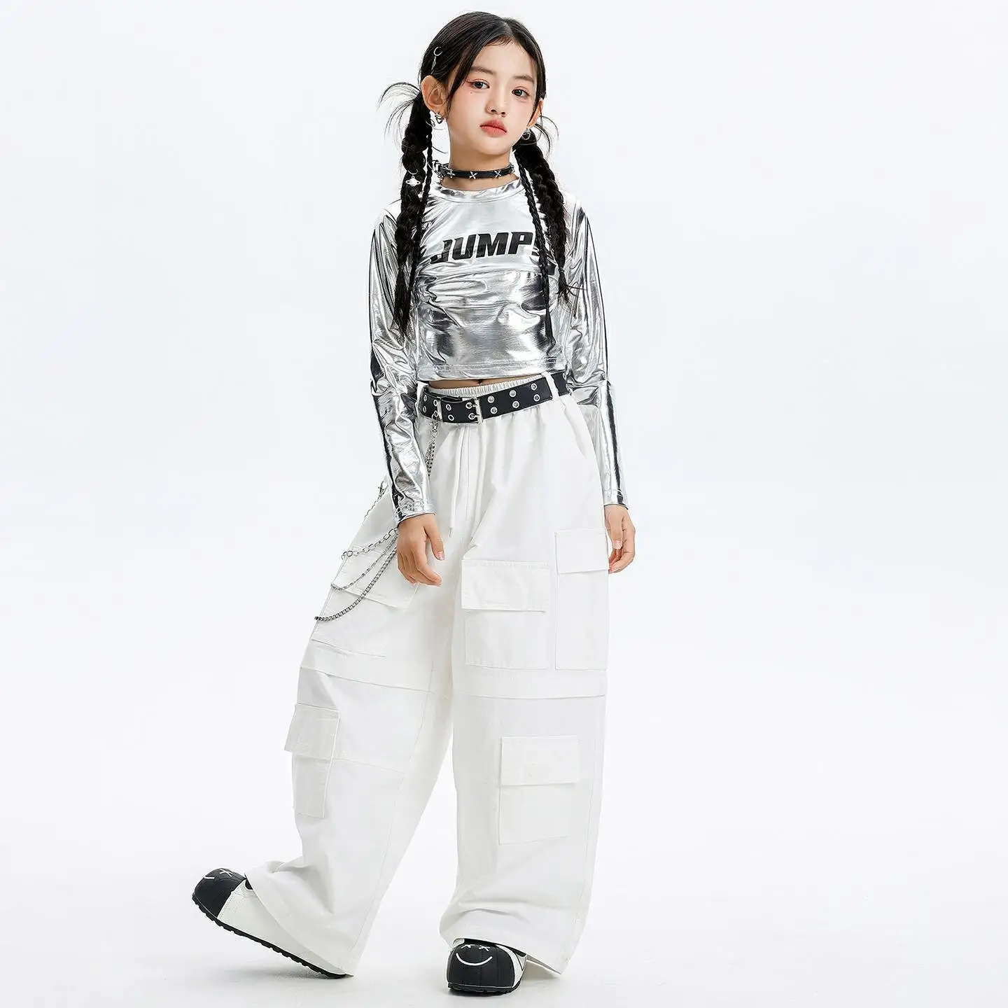 Kid Kpop Hip Hop Kleidung Silber Metallic Crop Langarm T-Shirt Weiß Multi Taschen Cargohose für Mädchen Street Dance Kostüme