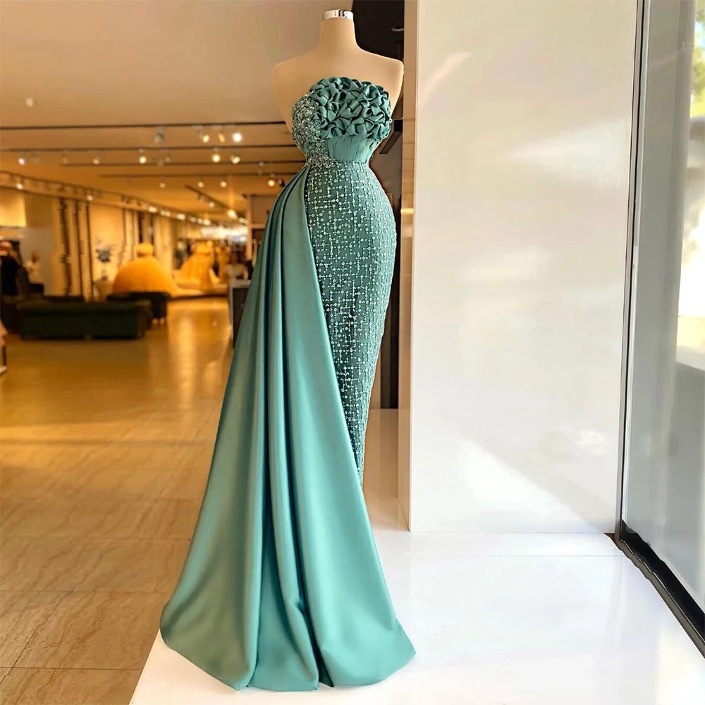 

Sexy Elegant Mermaid Prom Dresses Strapless Sleeveless Handmade Pleat Sequins with Satin Train Women Evening Pageant Party Gowns