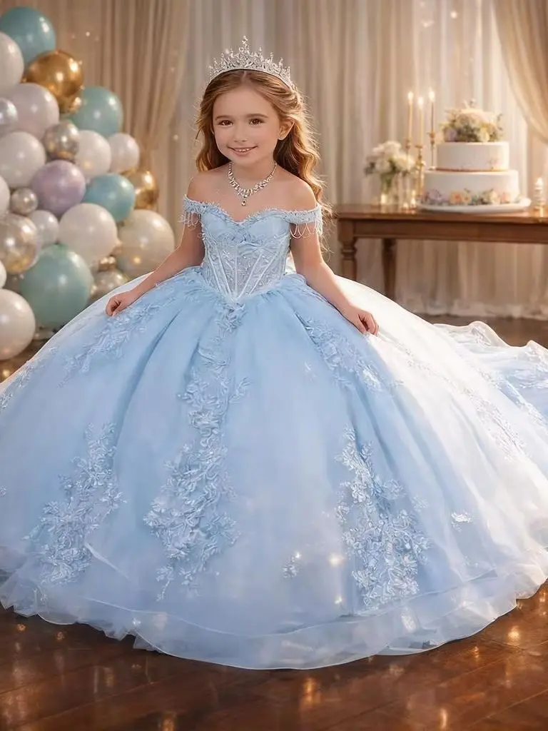 Prinzessinnenkleid mit Schulterfreiem Design und Blumenapplikationen für Hochzeiten, Spitzenbesetztes Tüll-Festkleid für Kinder, Maßgeschneidertes Geburtstags-Ballkleid