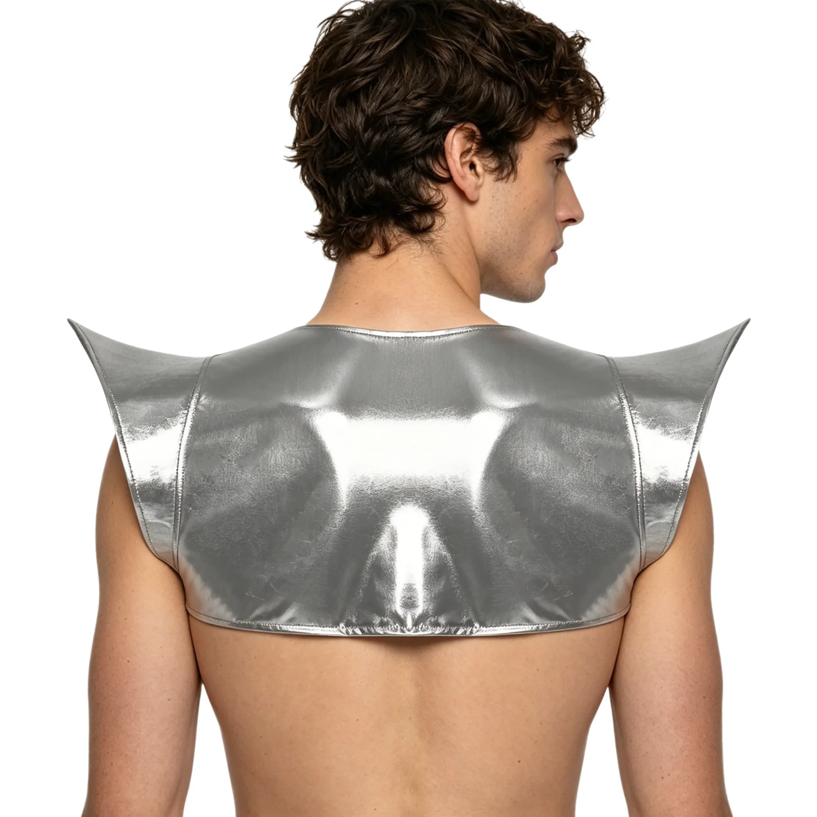 Mens Holographic Iridescent Shoulder Armor Corset Tops Rave Clubwear Costume Structured Fly Sleeve Open Front Buckle Crop Tops