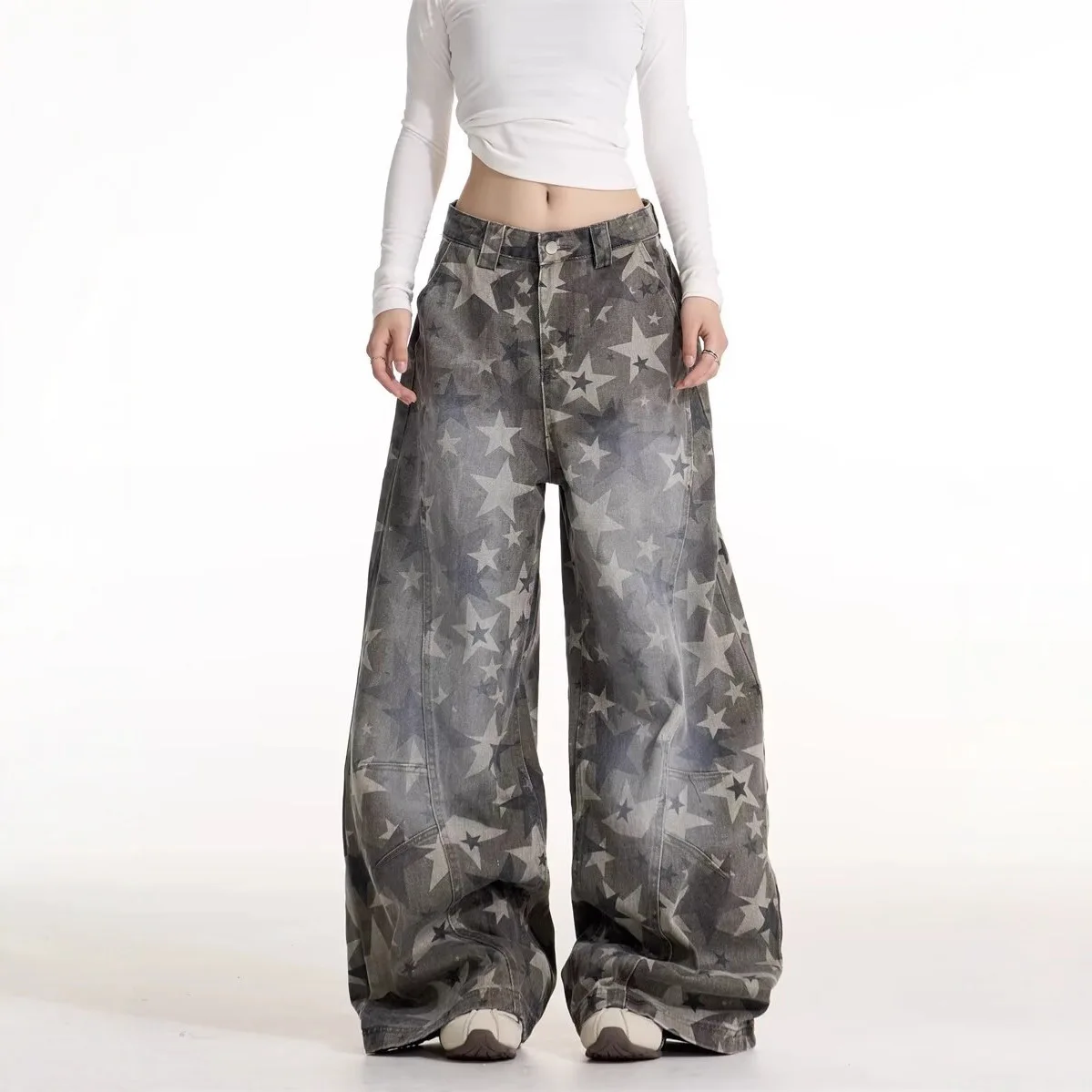 Women's Star All-over Printed Wide-Leg Jeans, Casual Loose Straight-Leg Denim Pants