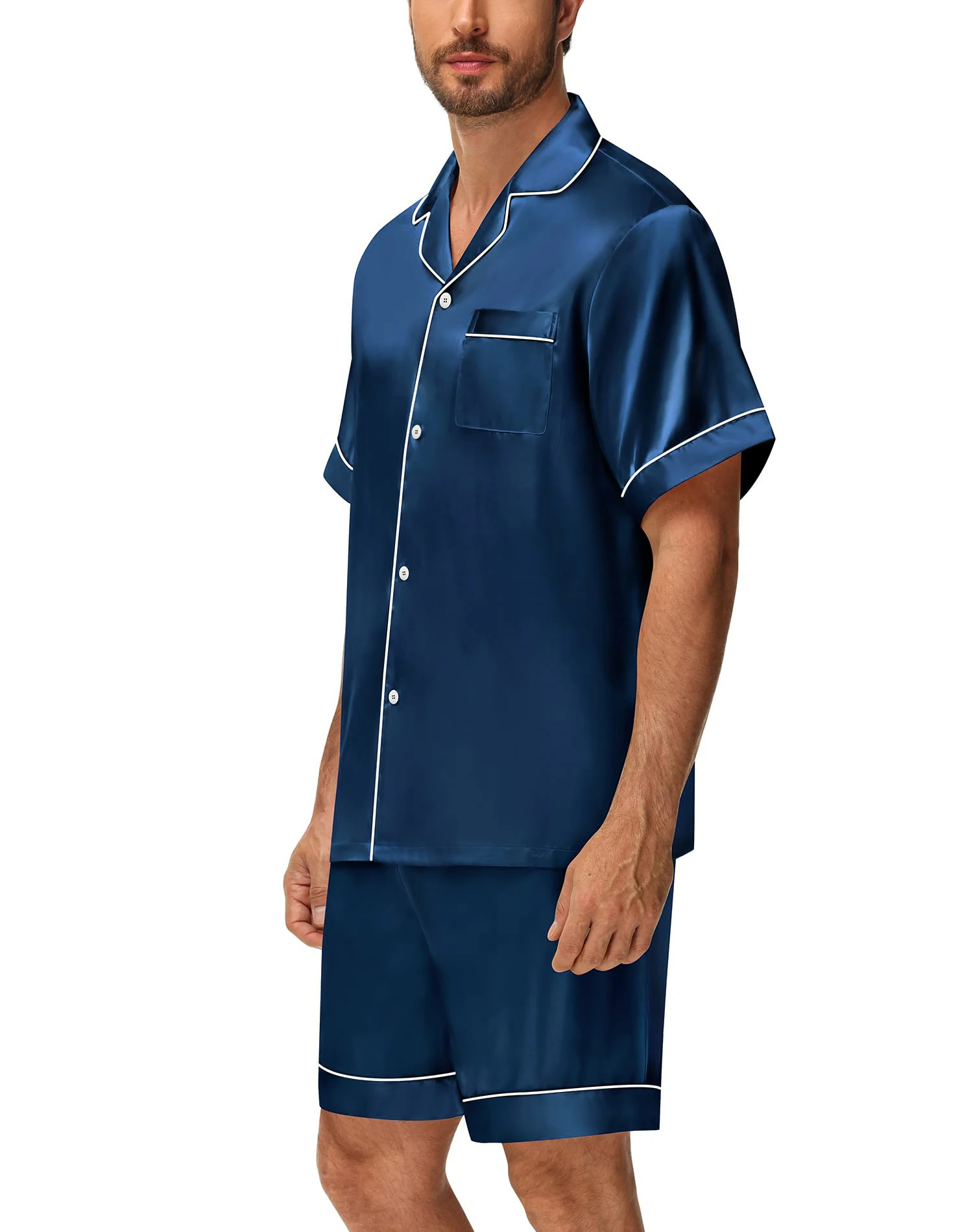 2-teiliges Pyjama-Set aus seidigem Satin für Herren, kurzärmeliges Hemd mit Revers, Brusttasche und Shorts, glatte Haptik, weiche Nachtwäsche, gemütliche Nachthemden – Detail 12
