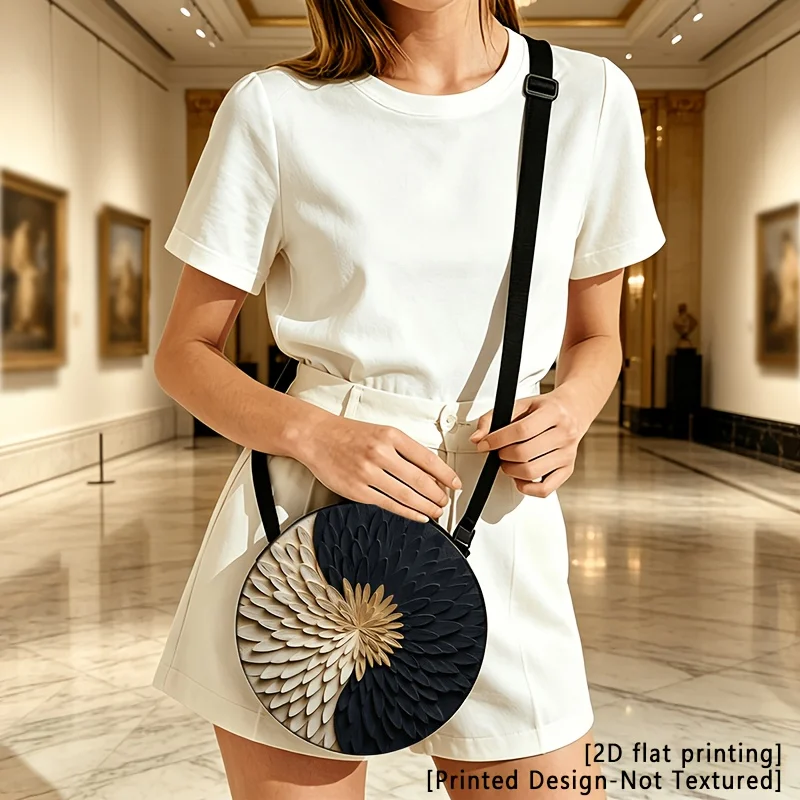 Black Gold Floral Relief Round Shoulder Bag Casual Messenger Bag Daily Adjustable Strap Crossbody Bag for Woman Multi-function