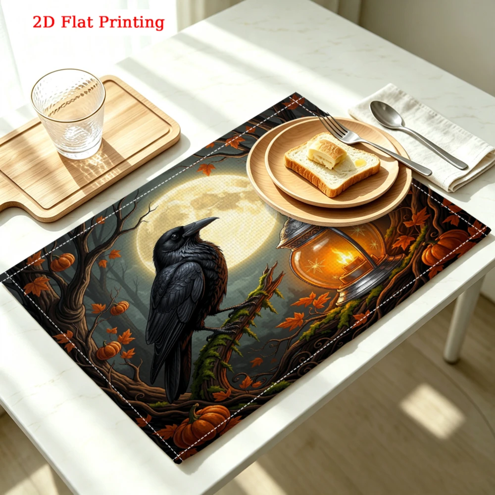 Raven Lantern Moon Halloween Scene Kitchen Placemat Coaster Linen Pad Dish Coffee Cup Table Mat 30x40cm Home Decor
