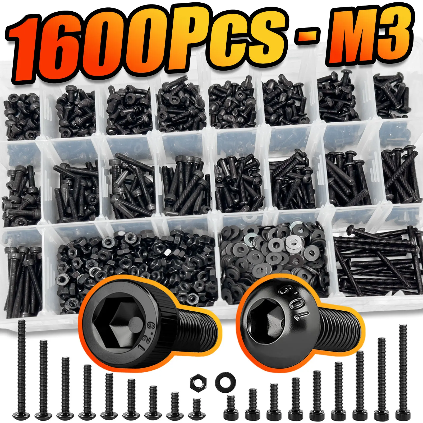 Nuts Mix - 1600個入り M3 メートルねじキット、10.9/12.9合金鋼六角穴付きボタン＆キャップヘッドボルト、ナット、ワッシャー