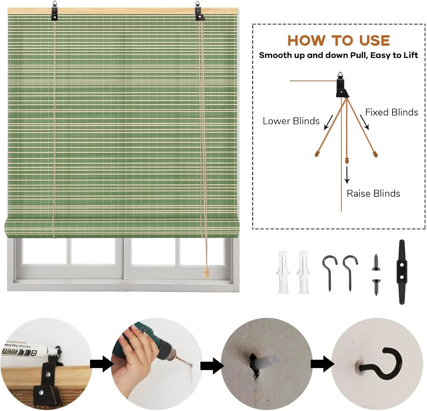 Bamboo Curtains with Lifter, Roller blind for Balcony, Tea Room, Garden, Outdoor, Wooden, Natural, Manual, Sunshade Blinds