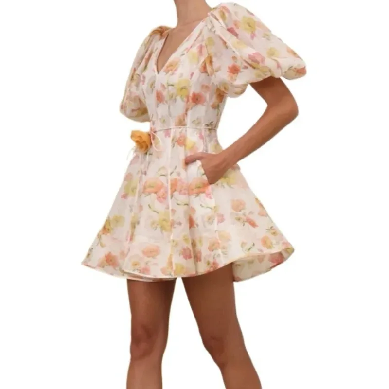 Sexy SilkFloral Print Vintage Elegant Silk Linen 2024 Women Clothing Half Puff Sleeve Belted Folds Waist Mini Dressparty