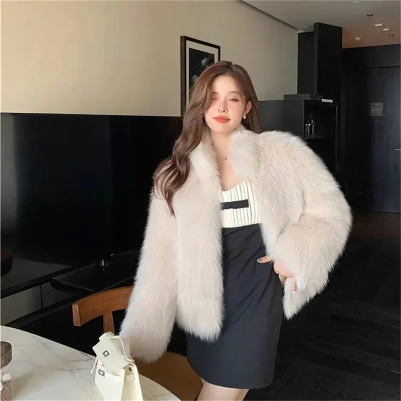 2024 New Imitate Fox Hair Environmental Protection Fur Autumn/Winter Stand Collar Short Fur Coat Women\'s Thick Warm Jacket Brown