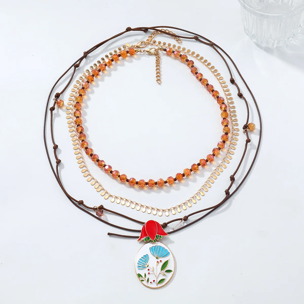 

ZAA Handmade Beaded Long Rope Alloy Drop Oil Flower Oval Geometric Pendant Necklace for Women Holiday Party Jewelry Gifts