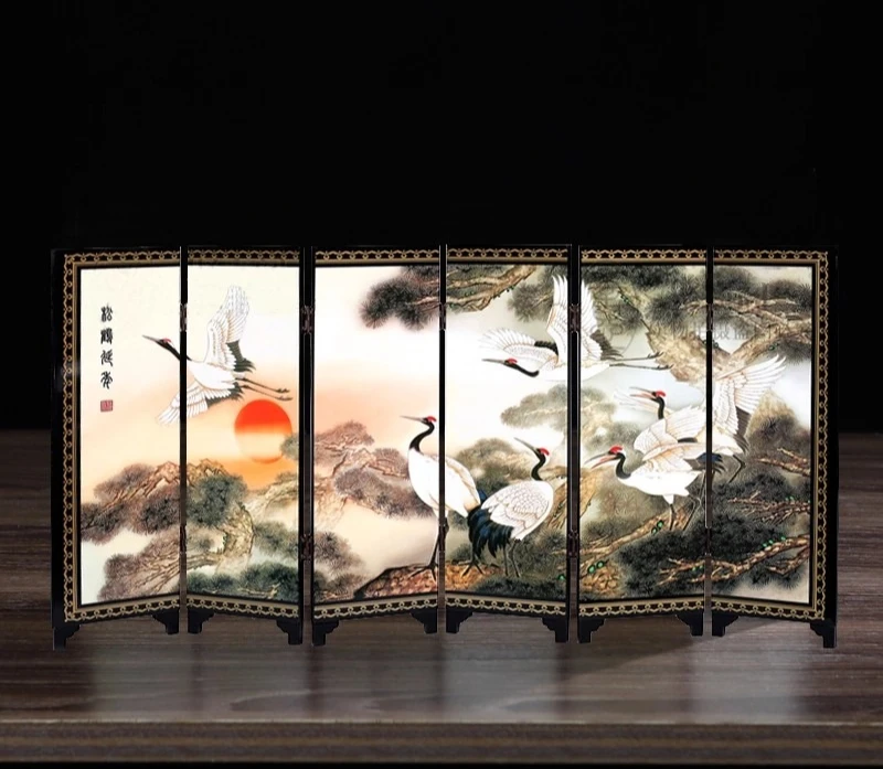 Chinese Lacquer Painting Beautiful Folding Screen Songhe Pattern Decoration Crafts 6 Side Screen
