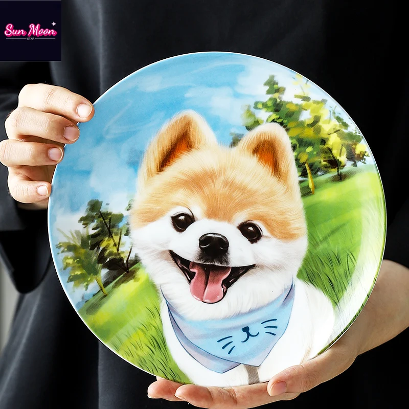 Pastoral Cute Pomeranian Dog Ceramic Dinner Plate Creative Steak Plate Bone China Western Dinner Plate Decorative Plate Pet Gift