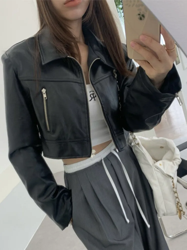 Retro Collar ort PU Leather Jaet Women's Autumn New Sle Small Size Ele High-End Feeling Top Commute Sle Regular Fit