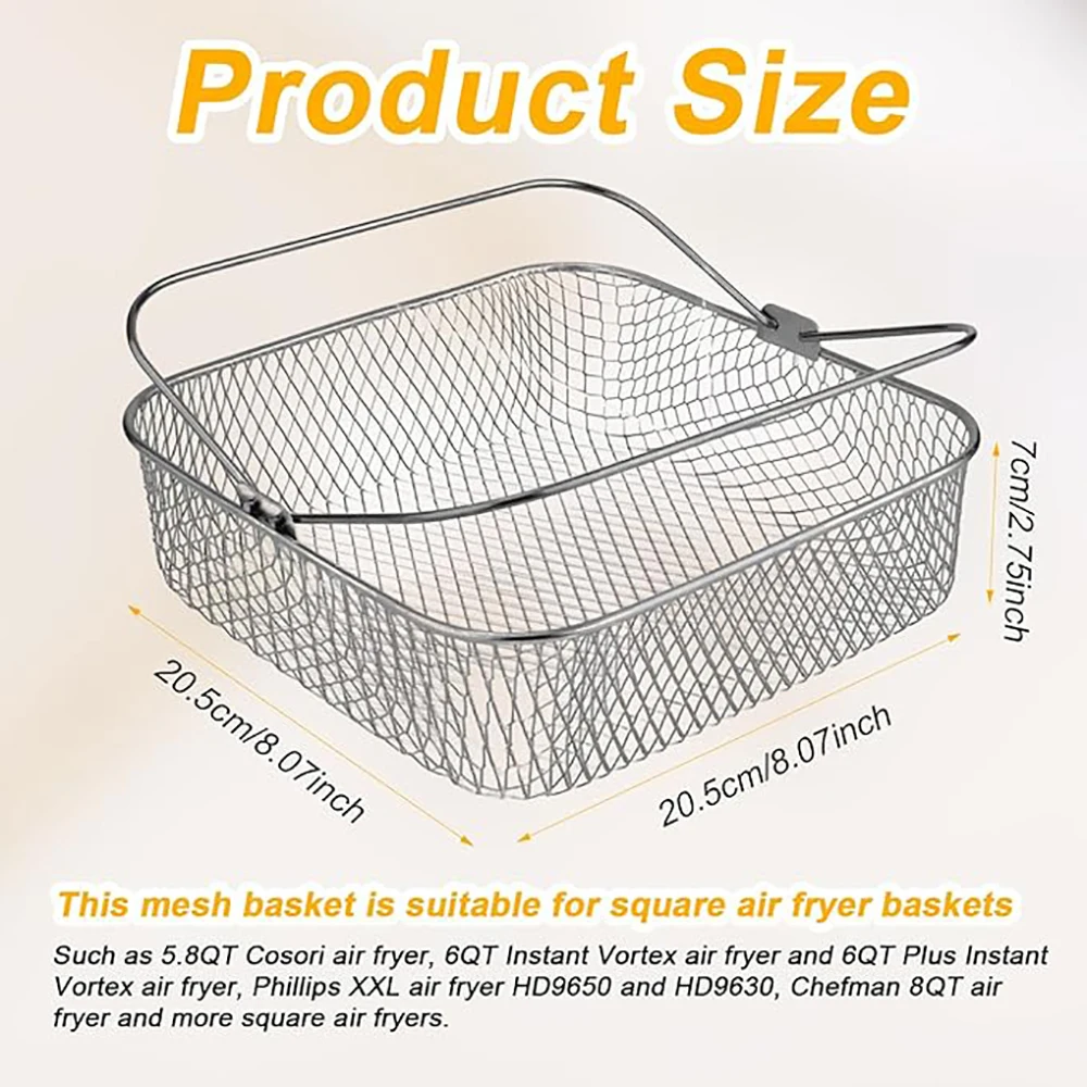 8inch Square Air Fryer Basket for 5.8QT 6QT COSORI Air Fryer Stainless Steel Mesh Basket with Handle Airfryer Baking Accessories