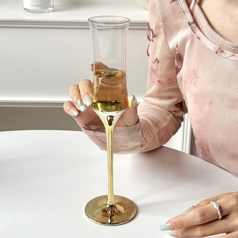 French Waist Champagne Glass Crystal Glass Stilt Plating Bubble Glass High-value Red Wine Sweet Wine  Wedding Party Barware