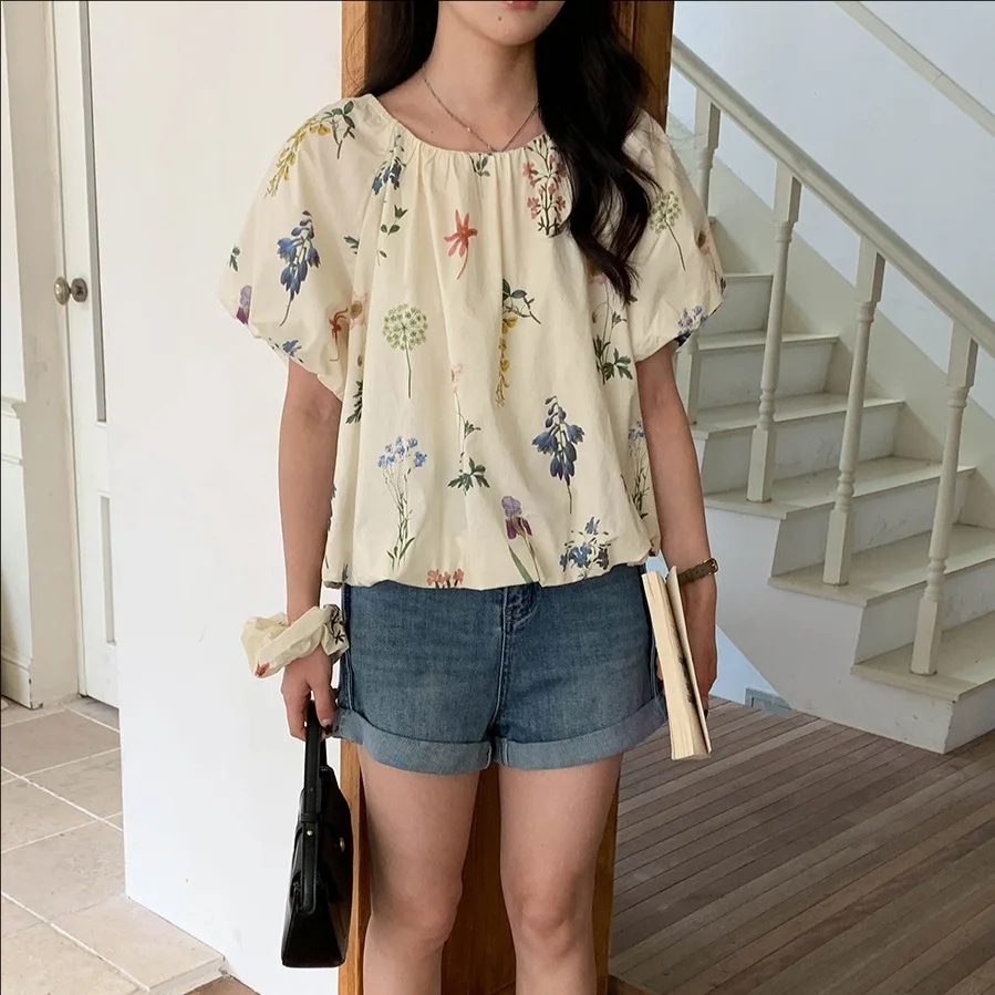 

Summer casual floral short sleeve bandage shirt women