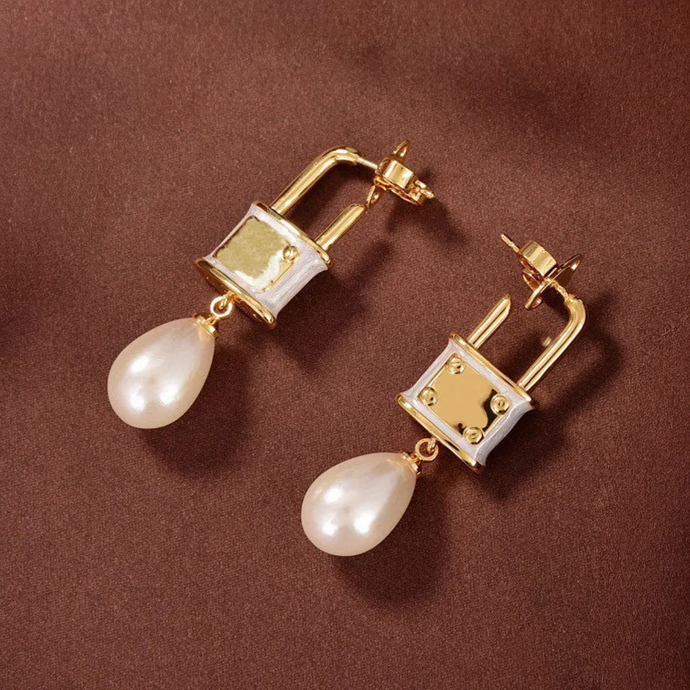 

Women's Vintage Style Minimalist Trendy Gold Lock Pearl Drop Earrings with White Enamel Dangle Teardrop Pendant Fashion Jewelry