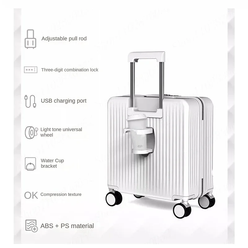 Cabin Password Suitcase Front Open Luggage with USB Cup Holder Rolling Trolley Case Unisex Travel Bag 18 20\