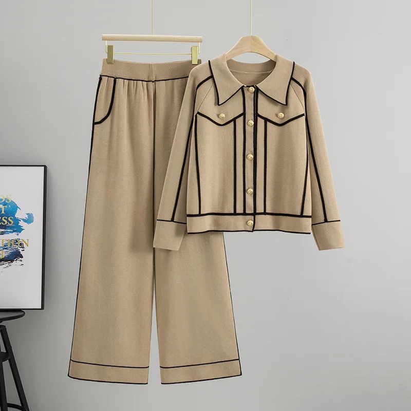 Fashion Temperament Lapel Knitted Cardigan Wide-leg Pants Two-piece Set