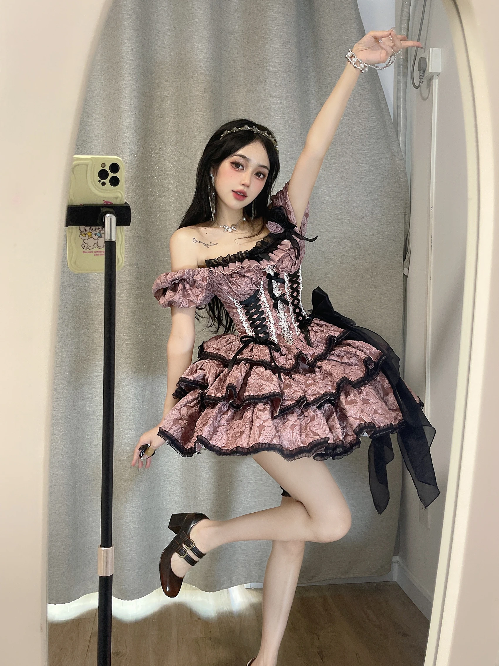 Elegant Sweet Princess Lolita Dress Square Neck Short Sleeve Off-Shoulder Lace Stitching Ball Gown Birthday Mini Dress For Women