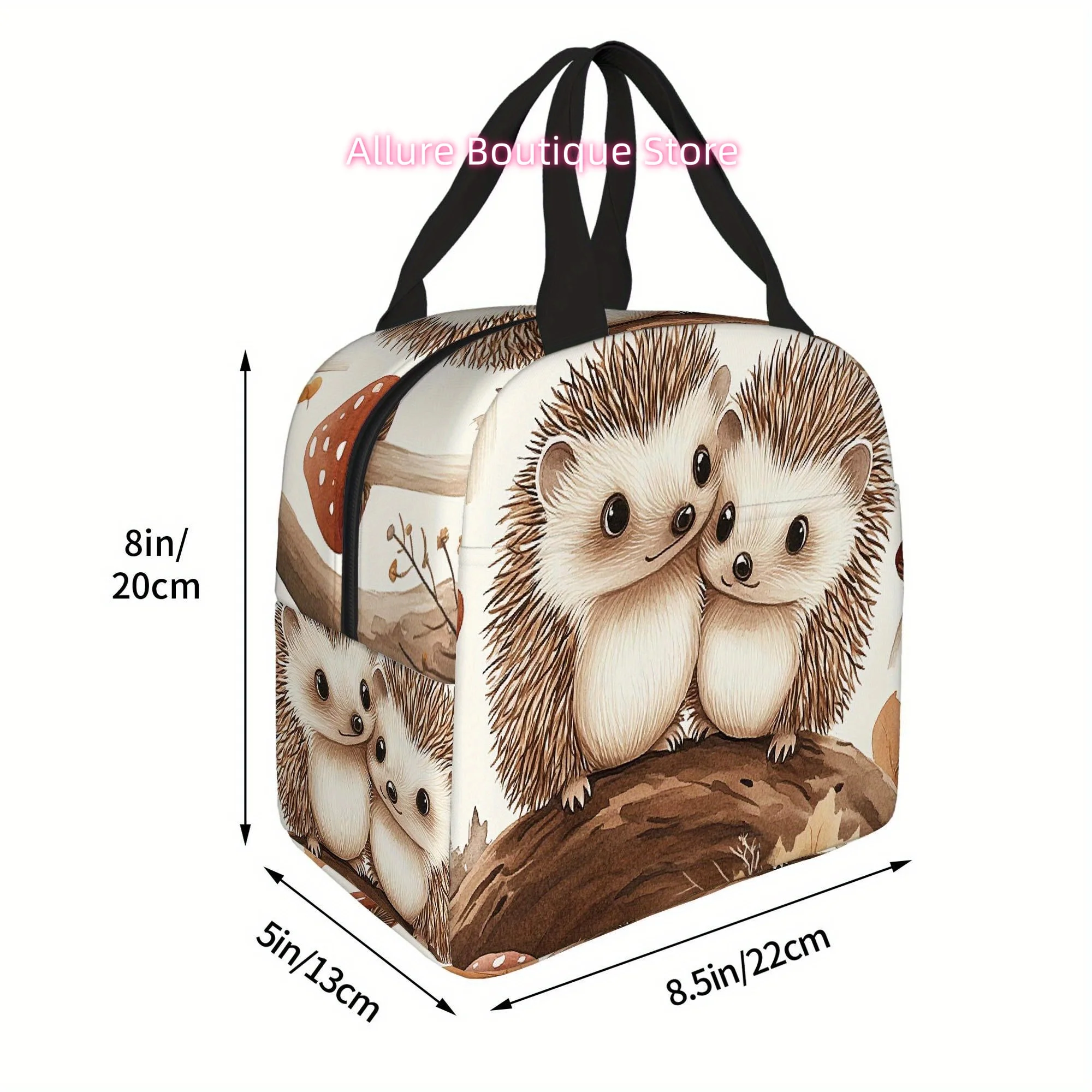 1pc Cute Hedgehog Thermal Bag - Autumn Forest Design with Two Hedgehogs, Non-Food Contact Insulated Lunch Tote/Cold Case, Beige/
