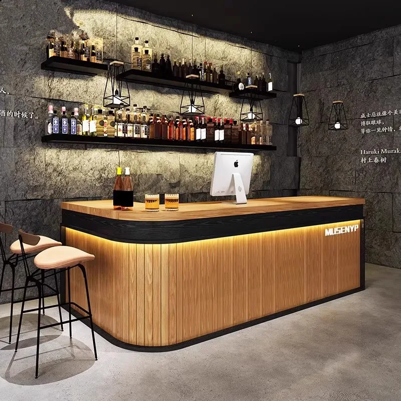 Bar checkout page Bar restaurant Hotel counter Commercial milk tea shop Reception Solid wood curved corner retro
