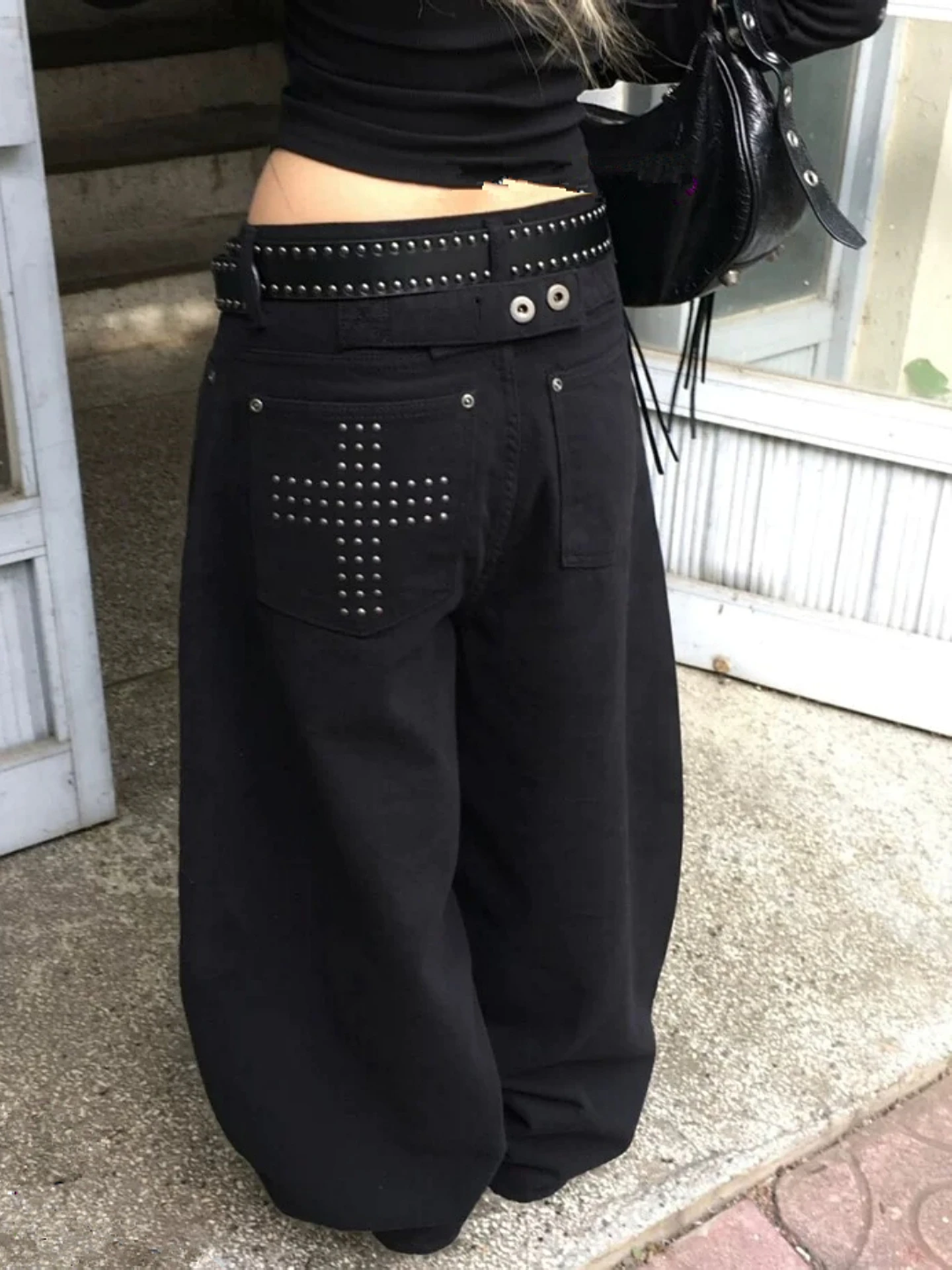 

Джинсы унисекс в американском ретро-стиле с заклепками и крестообразными элементами, свободные, широкие, с эффектом похудения, повседневные брюки в стиле High Street