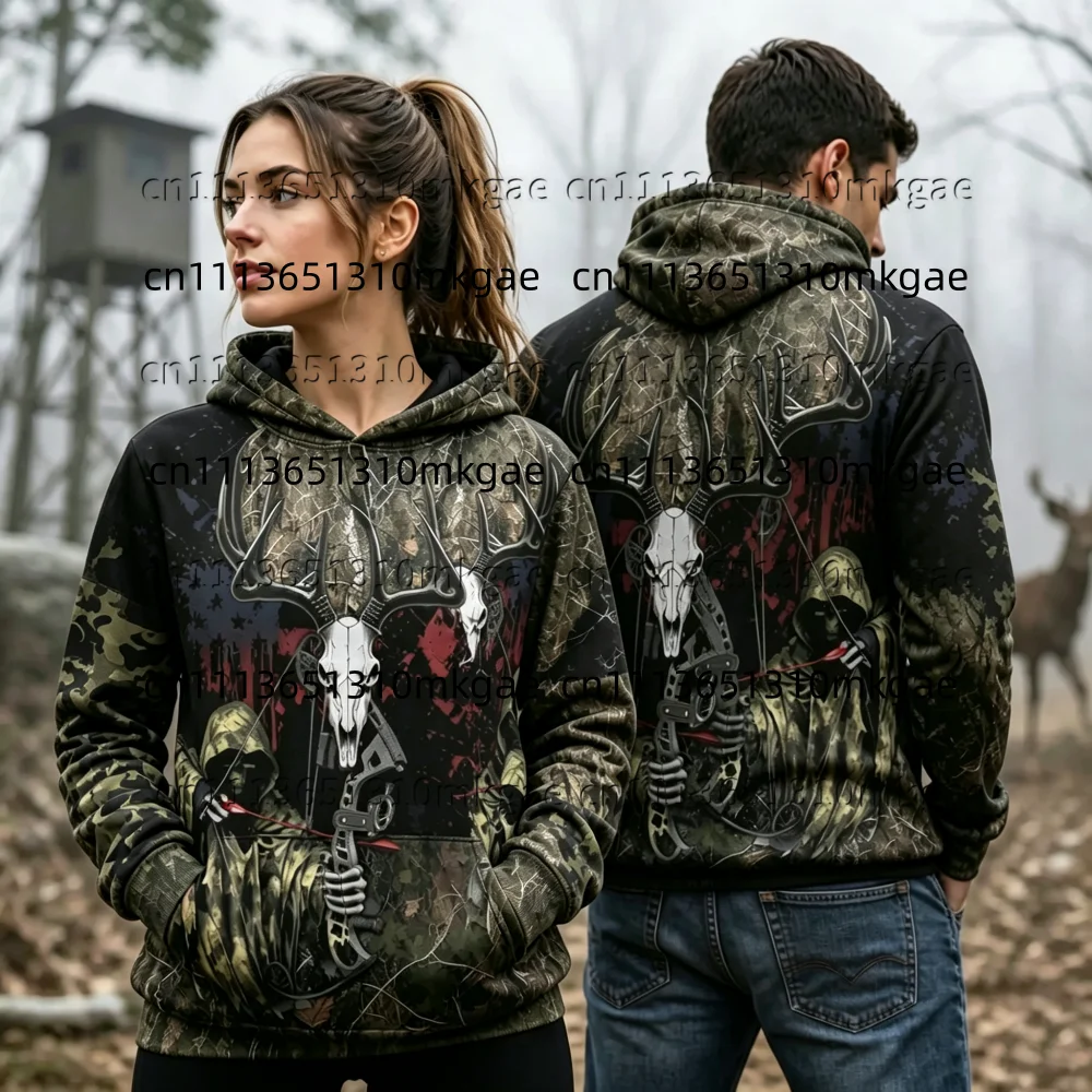 Camouflage Hunting Pullover Hoodie Unisex Deer Skull Bow Archer Back Print Sweatshirt Casual Long Sleeve Hooded Tops Kids Tee