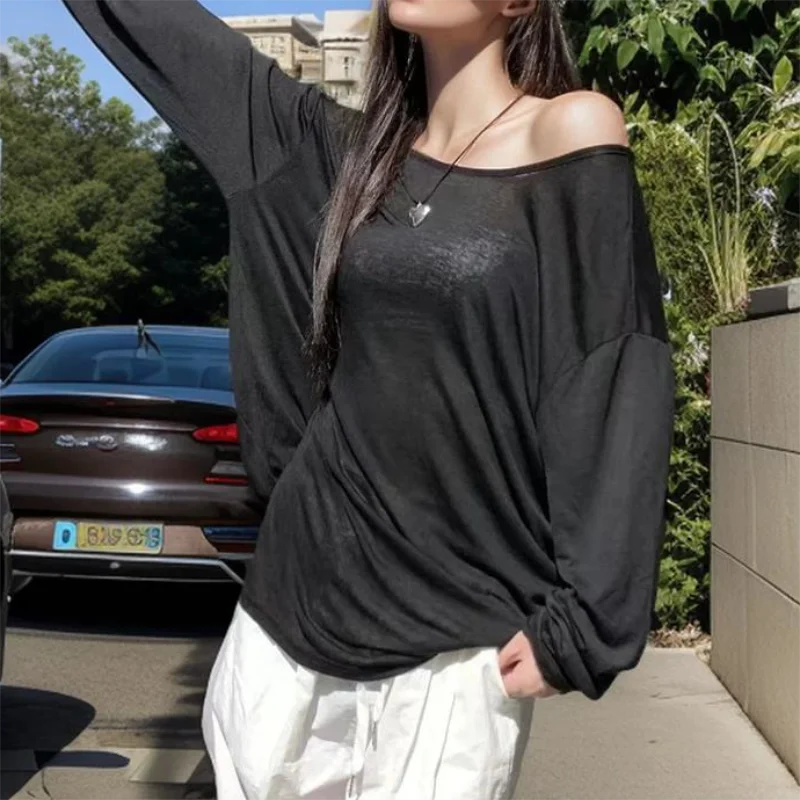 Sexy Sheer Baggy T-shirt for Women 2024 Summer Casual Fashion Loose Pullovers Chic Lazy Solid Color Off Shoulder Top Streetwear