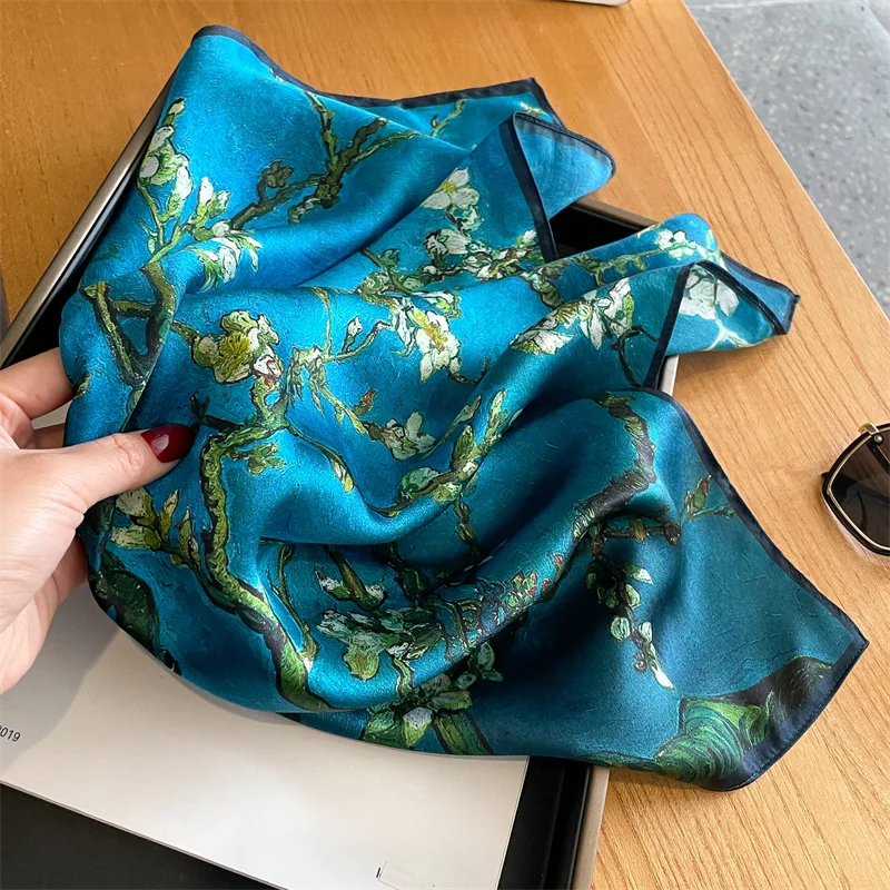 New 100% Real Silk Satin Women Scarf 2024 Flower Printed Foulard Femme Square Head Scarfs Bandana Shawl Gift For Lady Hijab