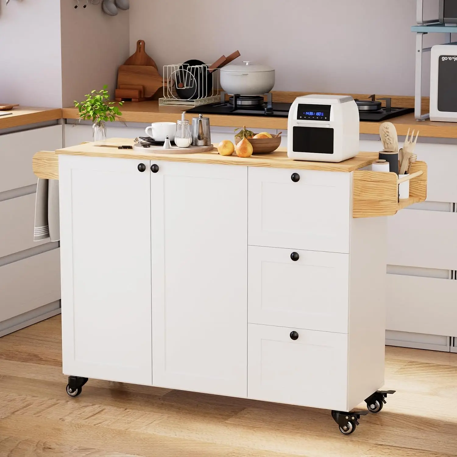 Wood Top Rolling Kitchen Island with Storage & Microwave Cart, Oak, Customized