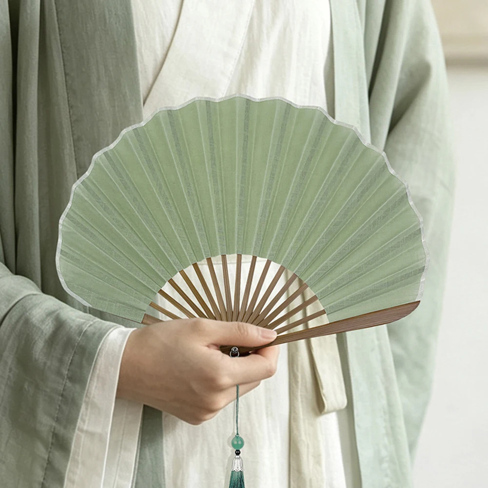 Traditional Chinese Folding Hand Fan Retro Solid-Color Cotton Linen Folding Small Fan Decorative Matching Tassel For Women