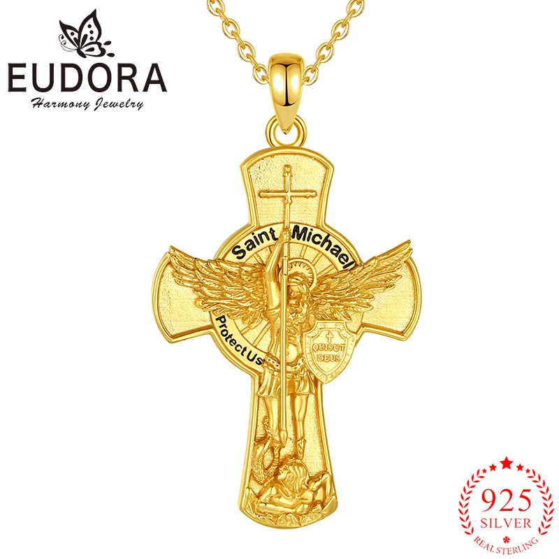 

Eudora St.Michael Archangel Necklace 925 Sterling Silver Plated 18k Glod Shield Amulet Cross Pendant Christian Jewelry for Men