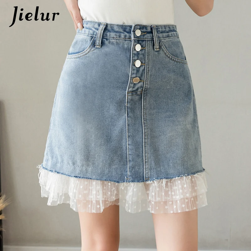 

New Stitching Mesh Denim Skirt Female Summer Jeans Skirts for Women All-match Mini Skirts A-line Short Harajuku Jupe