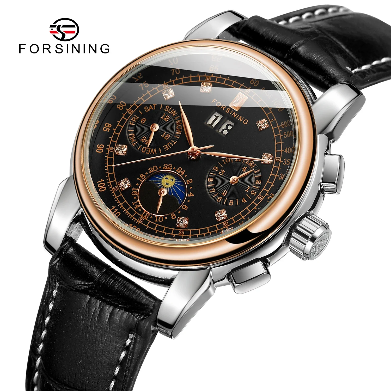 Forsining Big Brands Fashion Elegant Women Watch Mechanical Waterproof Automatic Calendar Moon Phase Multi-functional Wristwatch