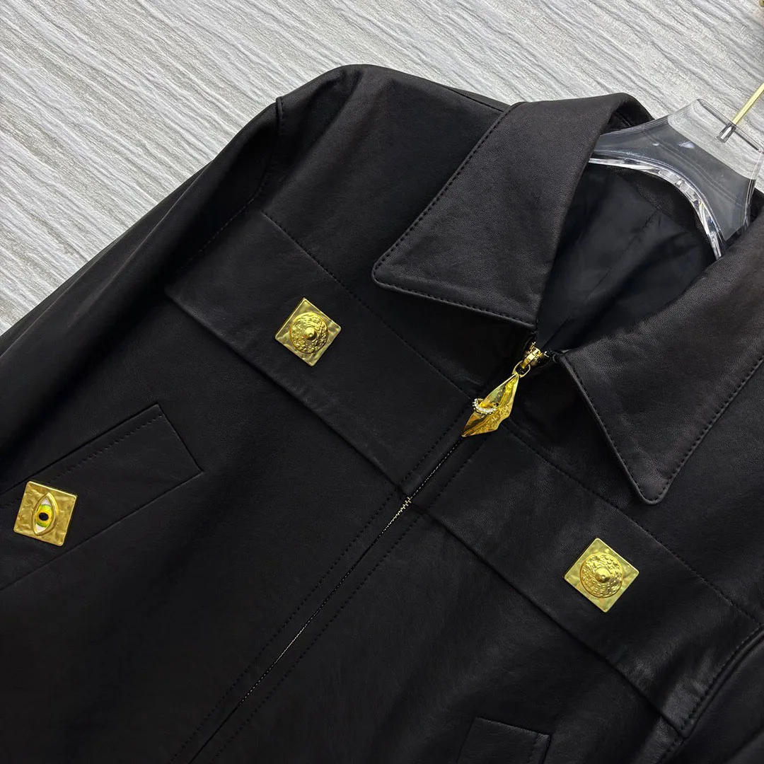 Luksusowa kurtka damska w stylu retro motocyklowym, wykonana w 100% ze skóry owczej, z klapami, długimi rękawami, złotym zamkiem błyskawicznym i guzikami, streetwearowa, stylowa kurtka.