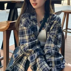 Rimcoy Vintage Plaid Shirt Women Korean Streetwear All Match Single Breasted Blouse Woman Preppy Style Loose Check Shirts Female